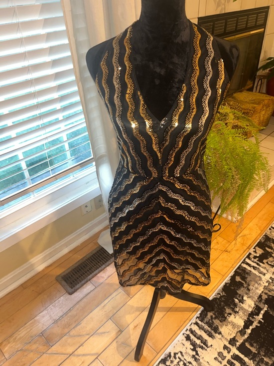Halston Heritage Black and Gold Sequin Halter Mini Dress